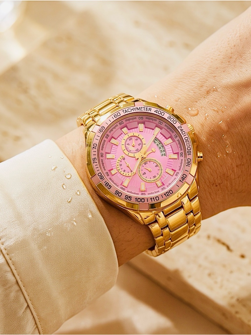 Gold Tone Chronograph Watch with Pink Dial